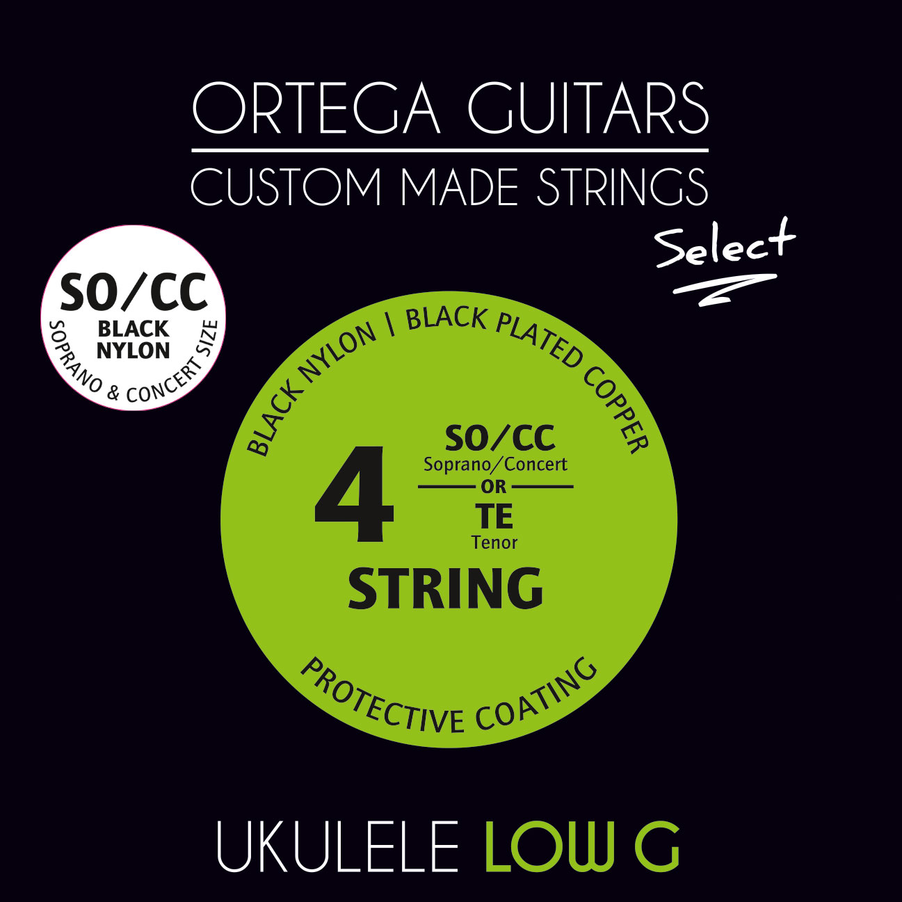 ORTEGA Custom Made Soprano/Konzert Low-G Ukulele Select Saiten Set, schwarzes Nylon, schwarz umsponnener Kupferdraht