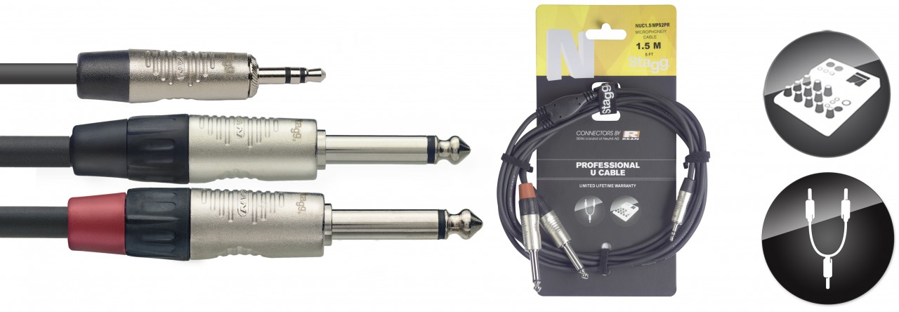 STAGG Audiokabel NUC1.5/MPS2PR  1x 3,5 Stereo Miniklinke - 2x Klinke 6,3 Male 1,5 m