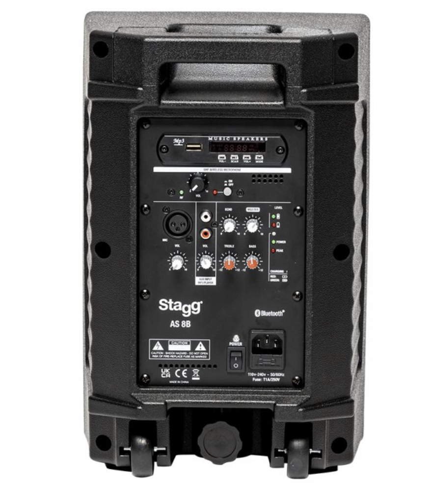 STAGG AS8BEU 8” aktiver 2-weg Lautsprecher mit Akku, Class D, Bluetooth mit TWS stereo, UHF-Mikrofon