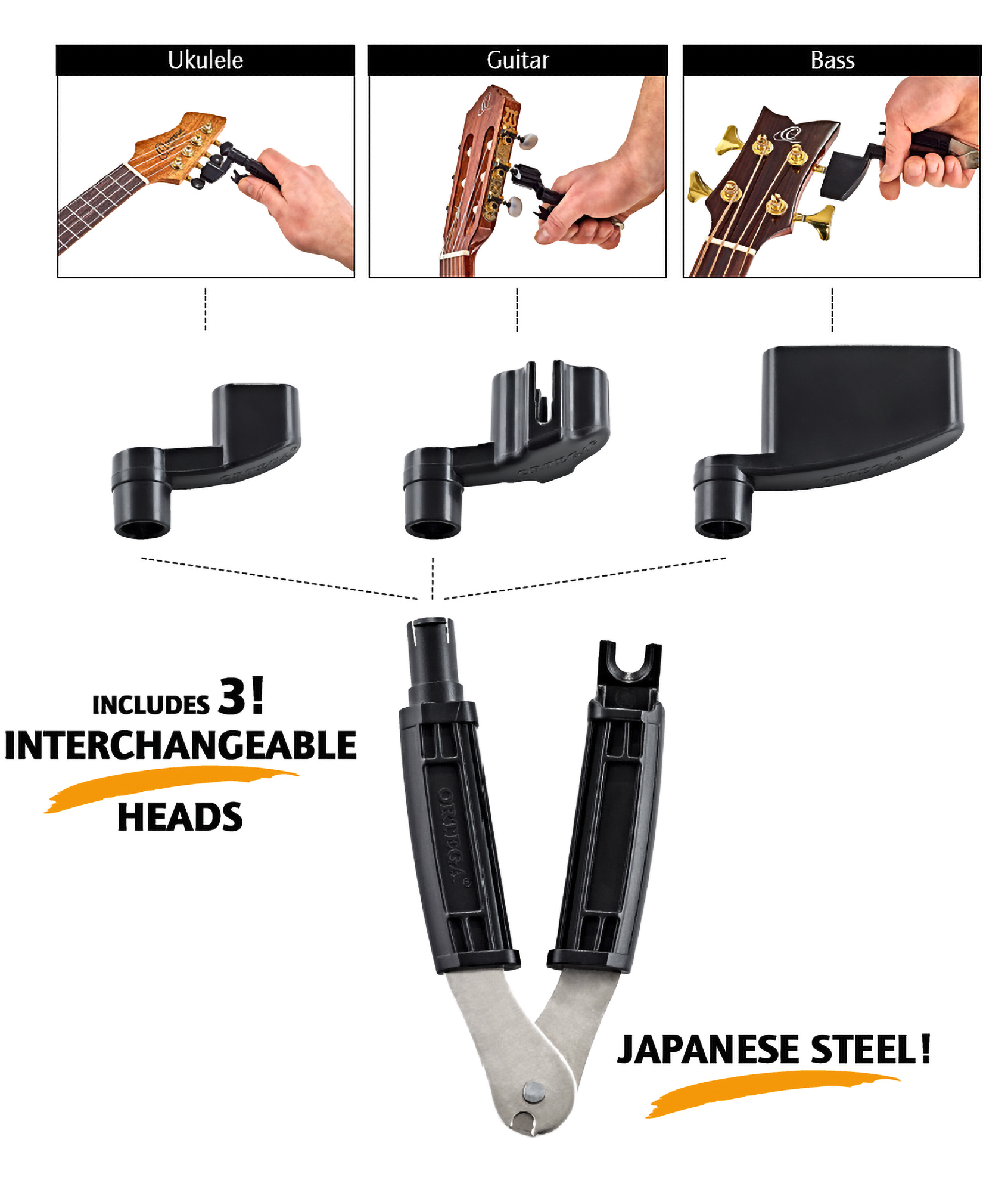 ORTEGA Multi-Tool Saitenkurbel & Schneider 3 wechselbare Aufsätze für Gitarre/Bass/Ukulele